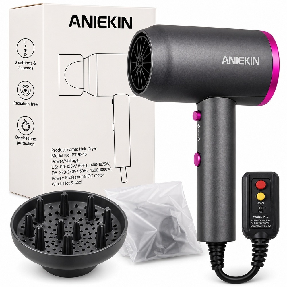 ANIEKIN Hair Dryer Women OS Grey Fuchsia 1875W Professional Ionic PT-9246